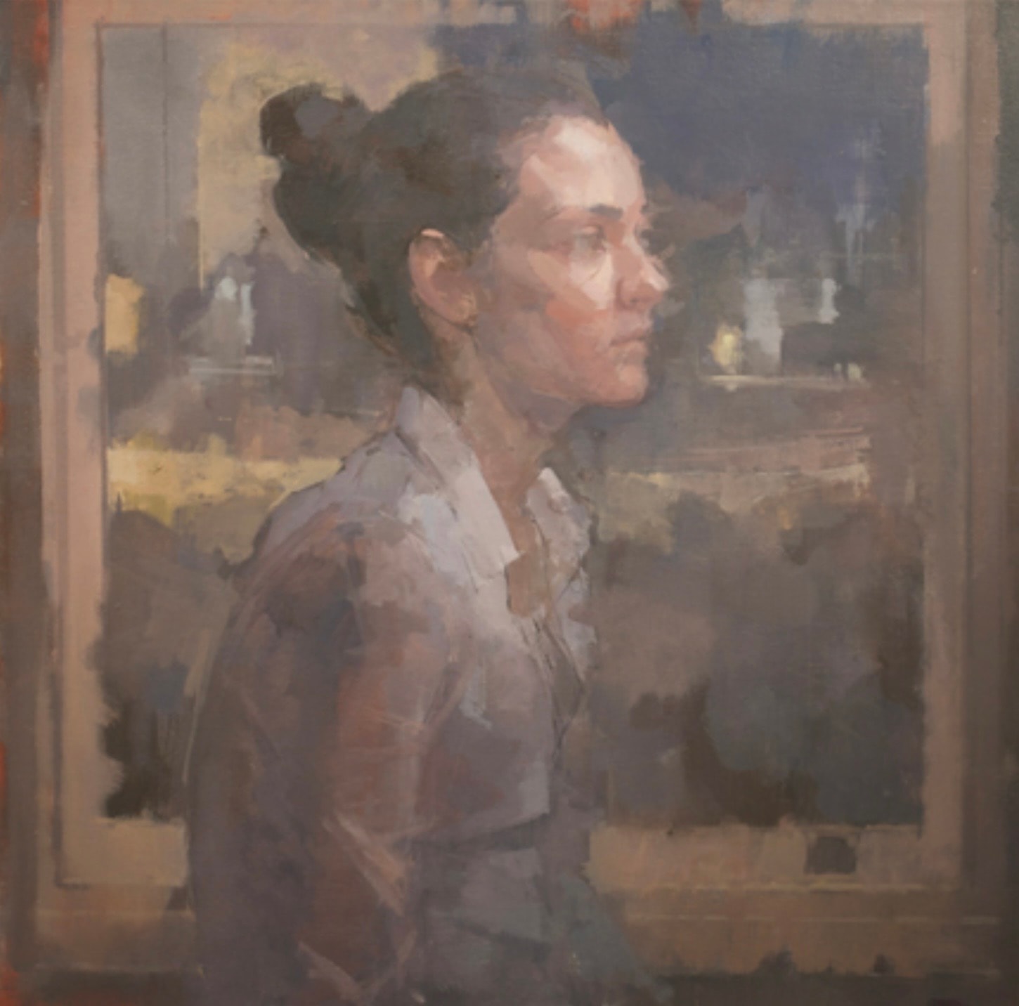 Portrait — woman in profile, cityscape, oil on canvas