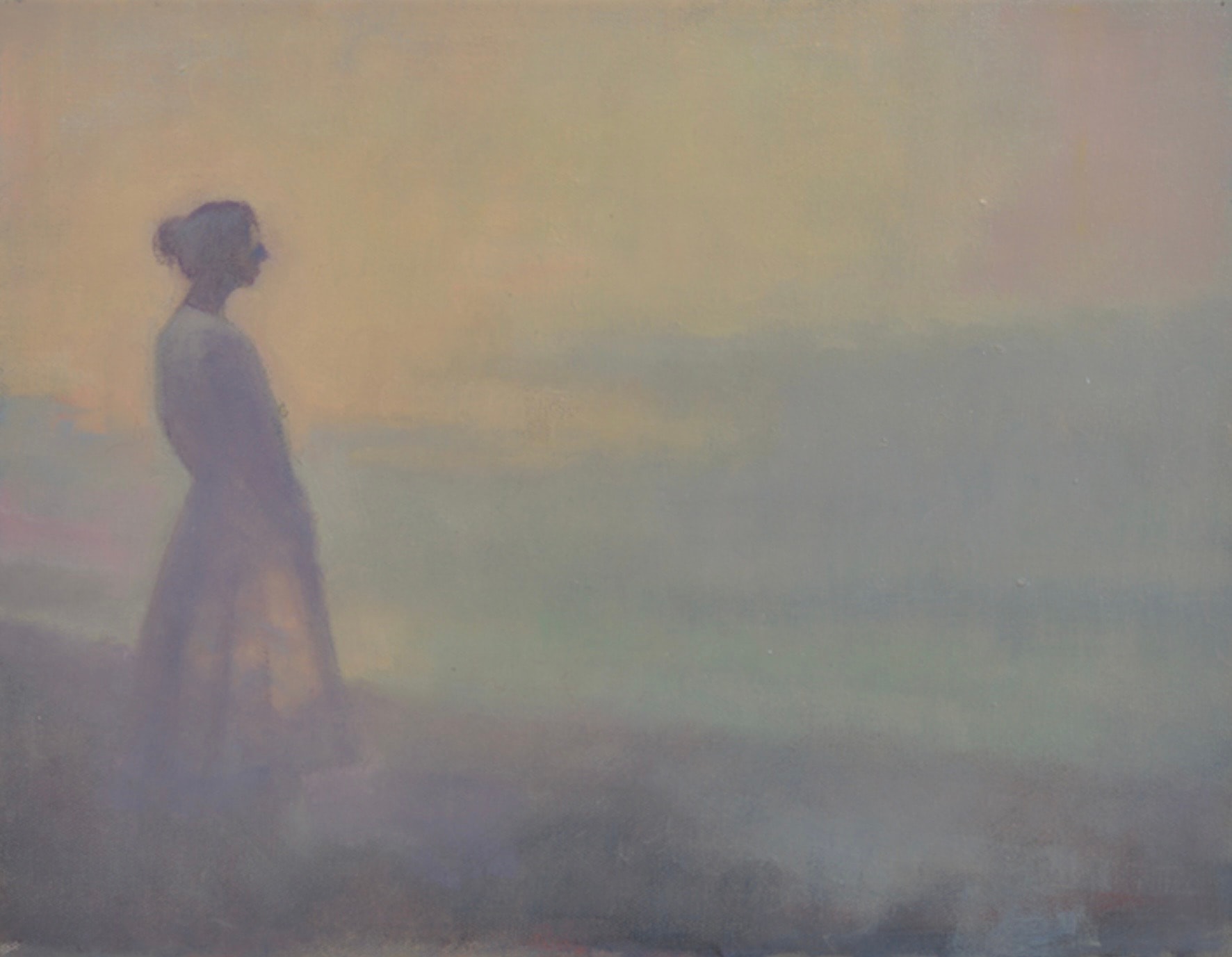 Figure in dusk landscape, oil on canvas