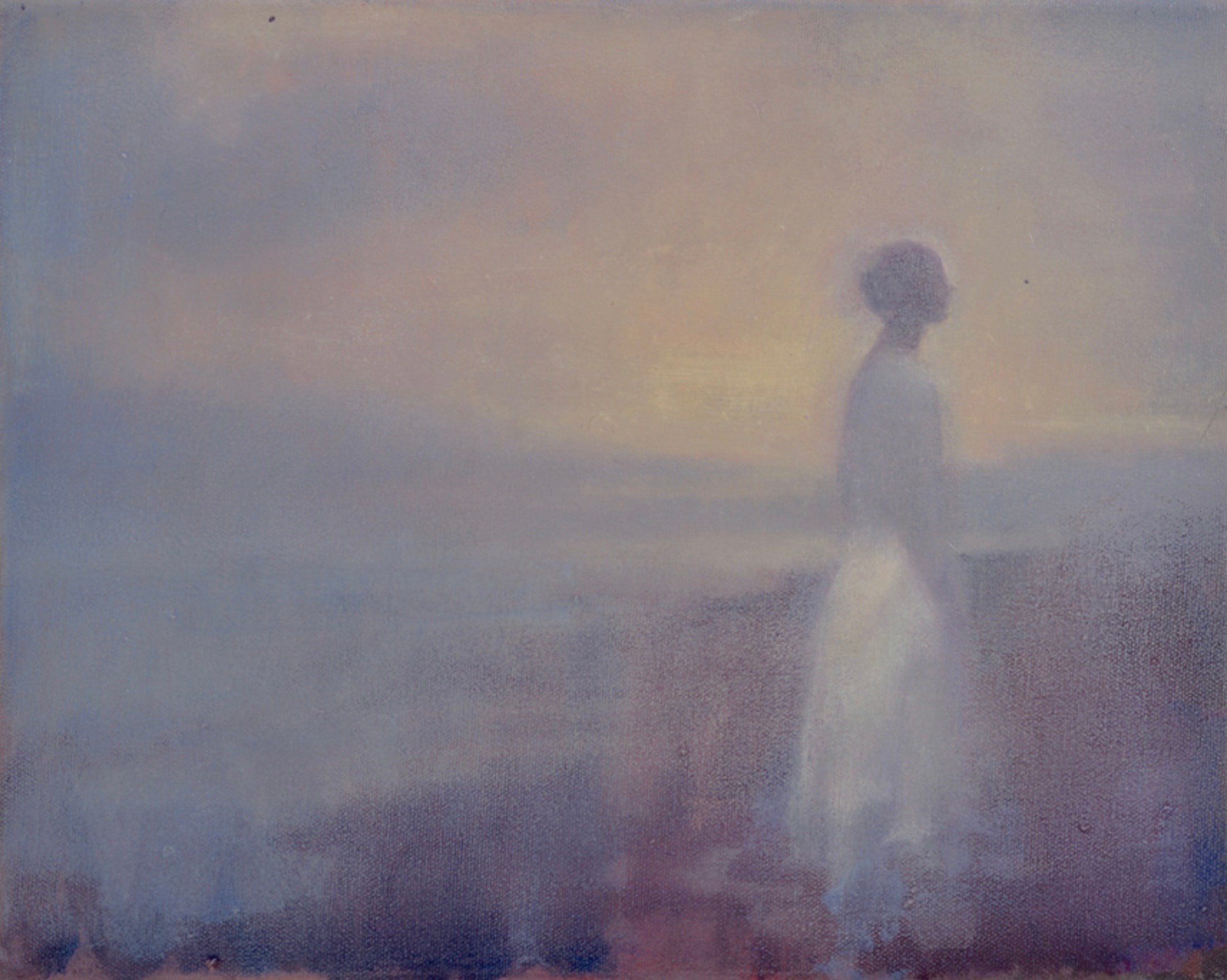 Solitary figure in mist, oil on canvas