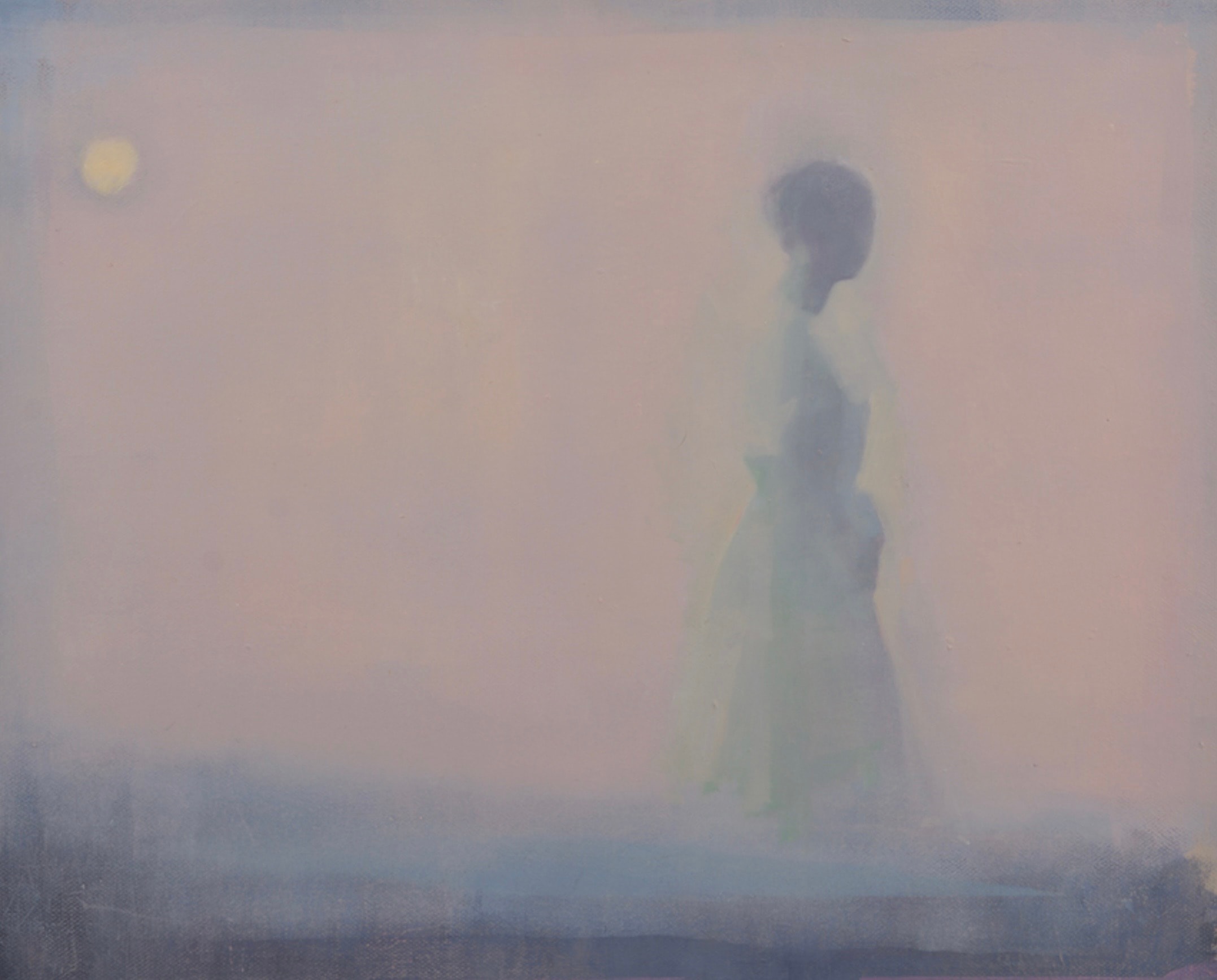 Figure in mist with moon, oil on canvas