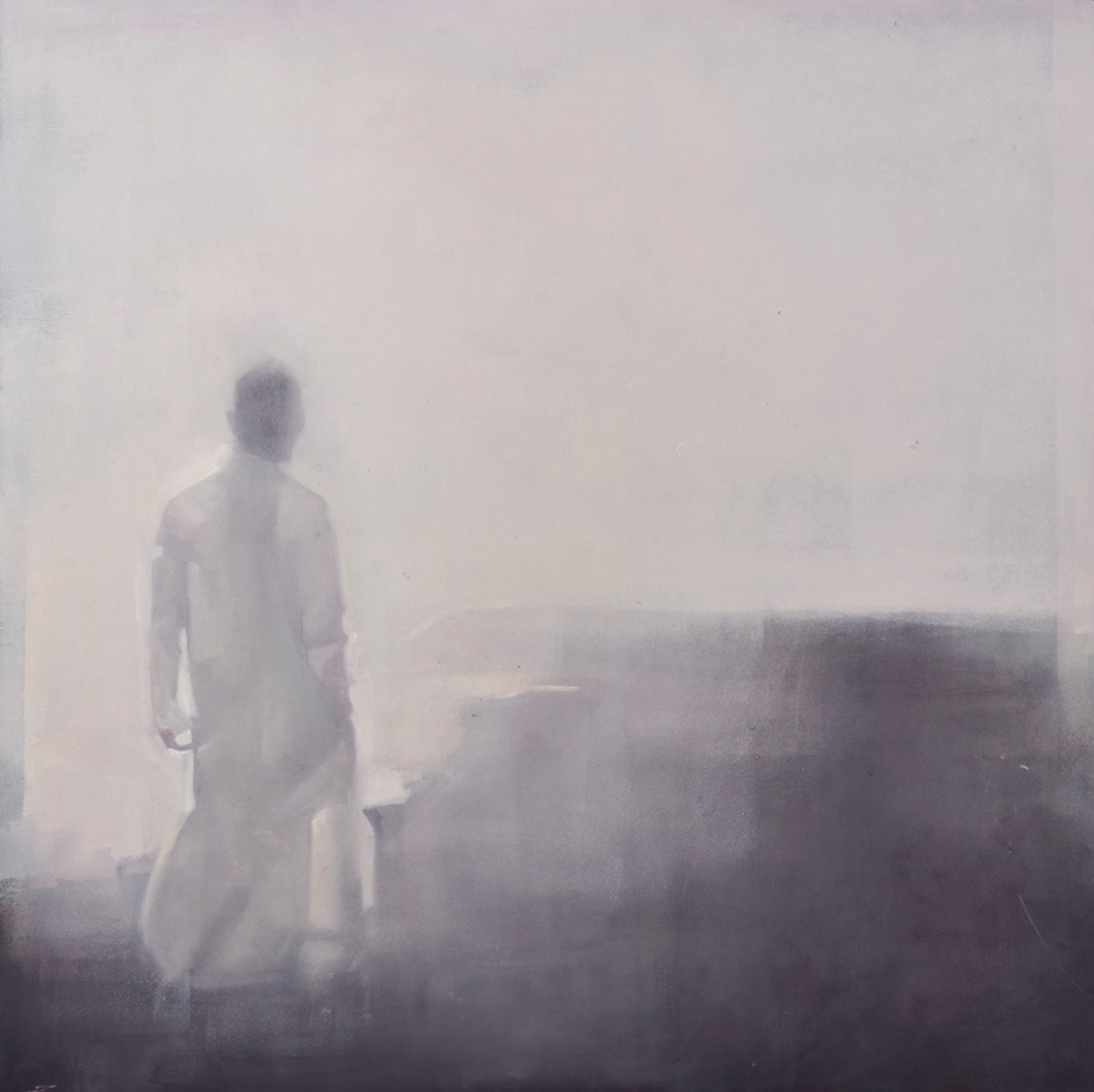 Figure on rooftop, city lights at dusk, oil on canvas