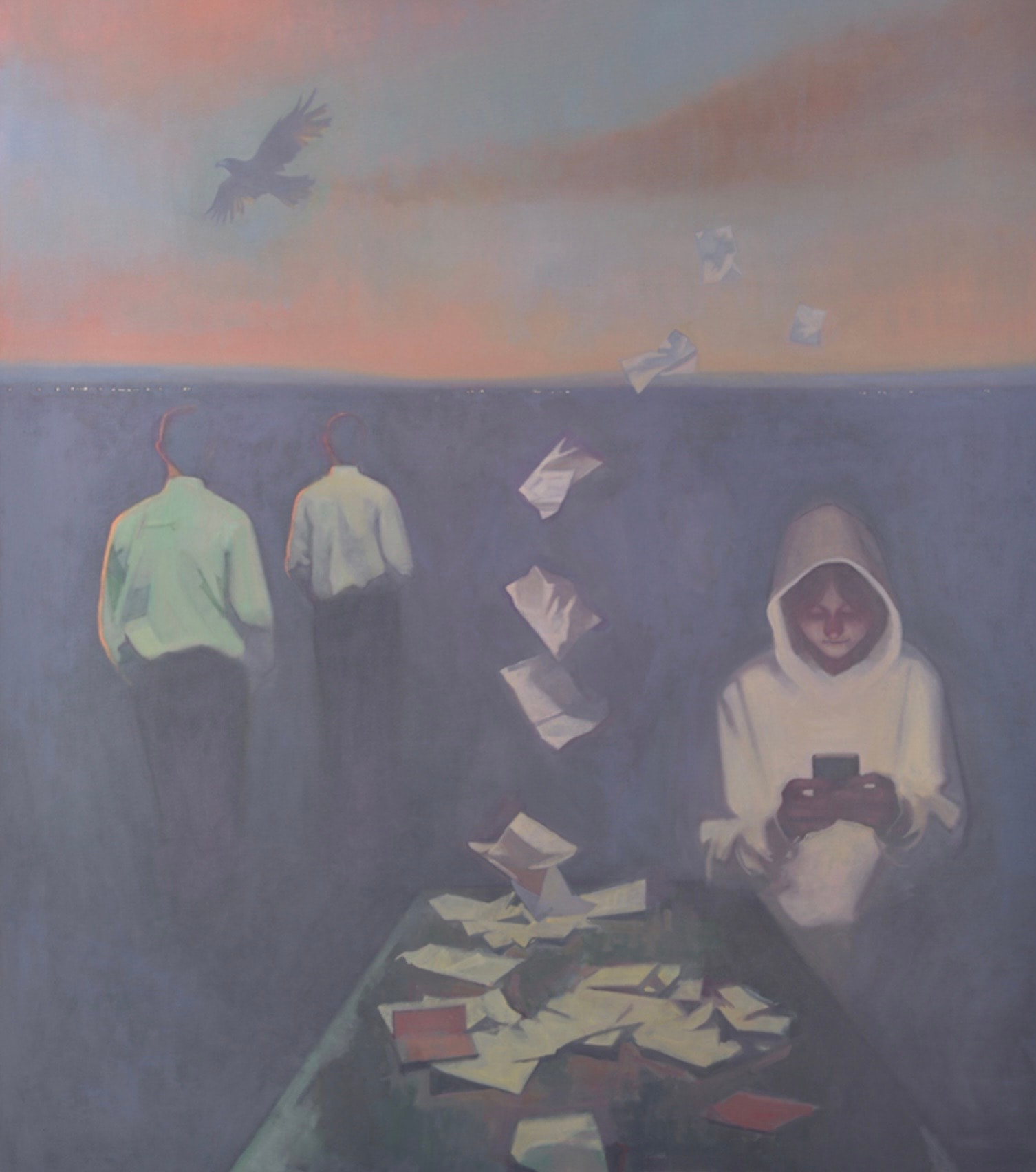 Figures with crow and scattered papers, oil on canvas