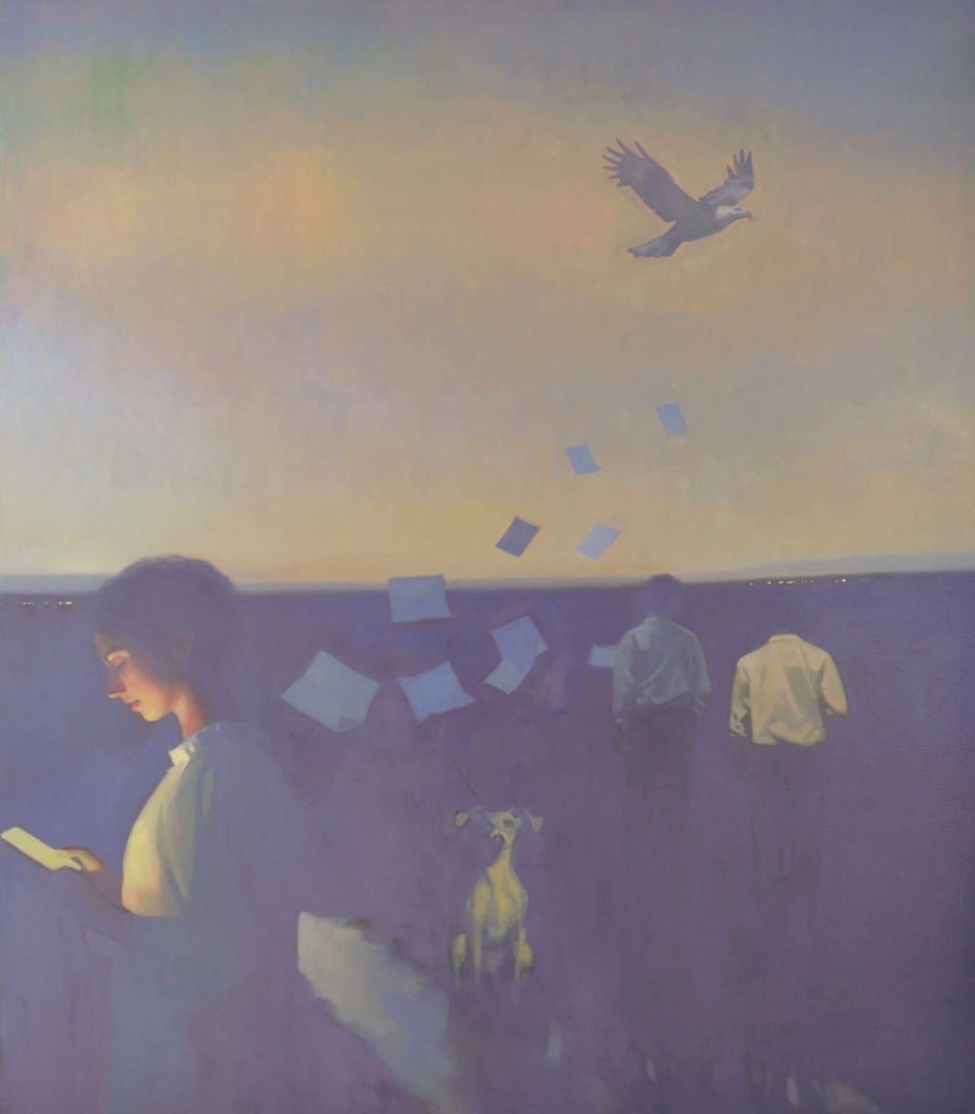 Figures with eagle and falling papers, oil on canvas