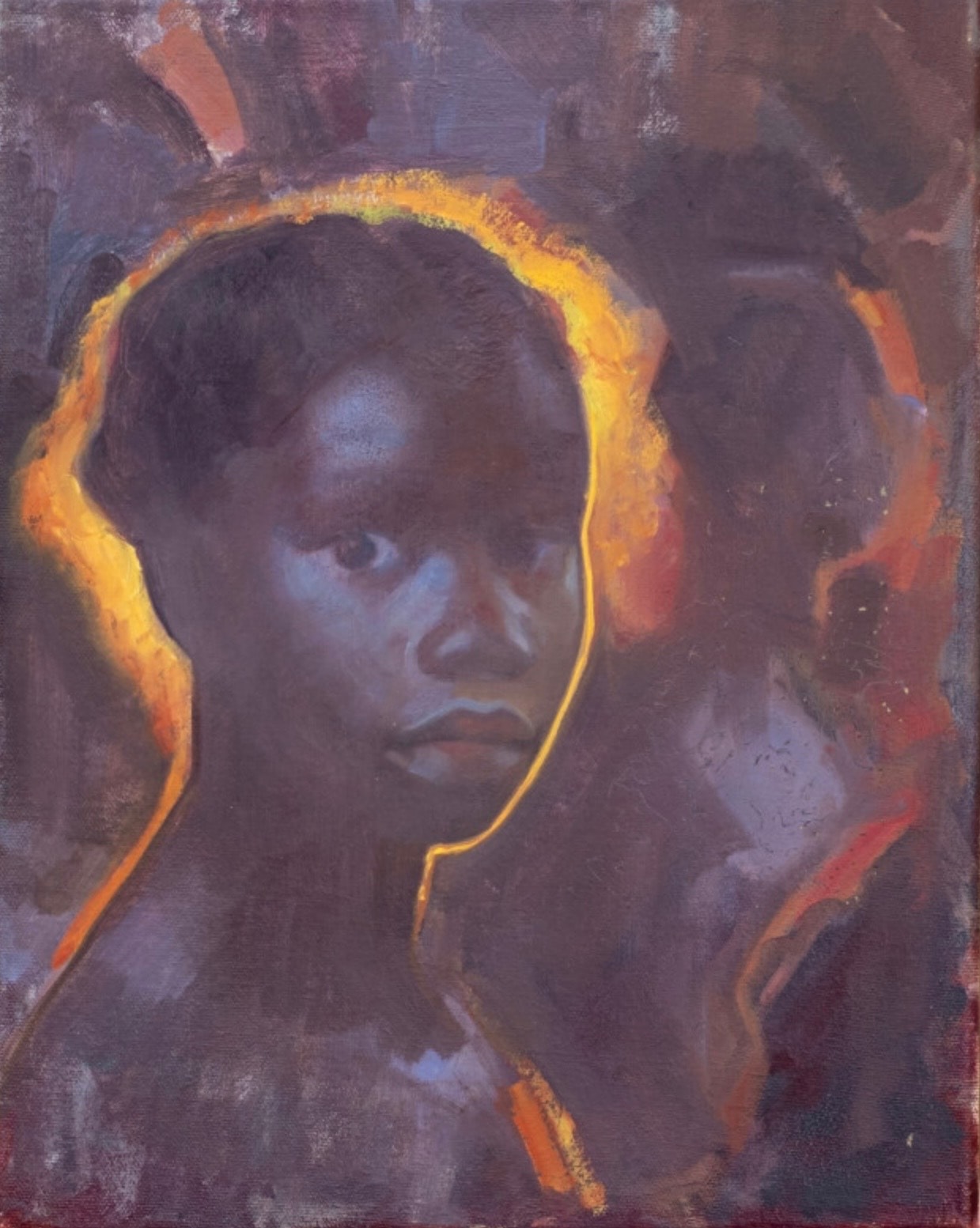 Portrait with golden halo, oil on canvas