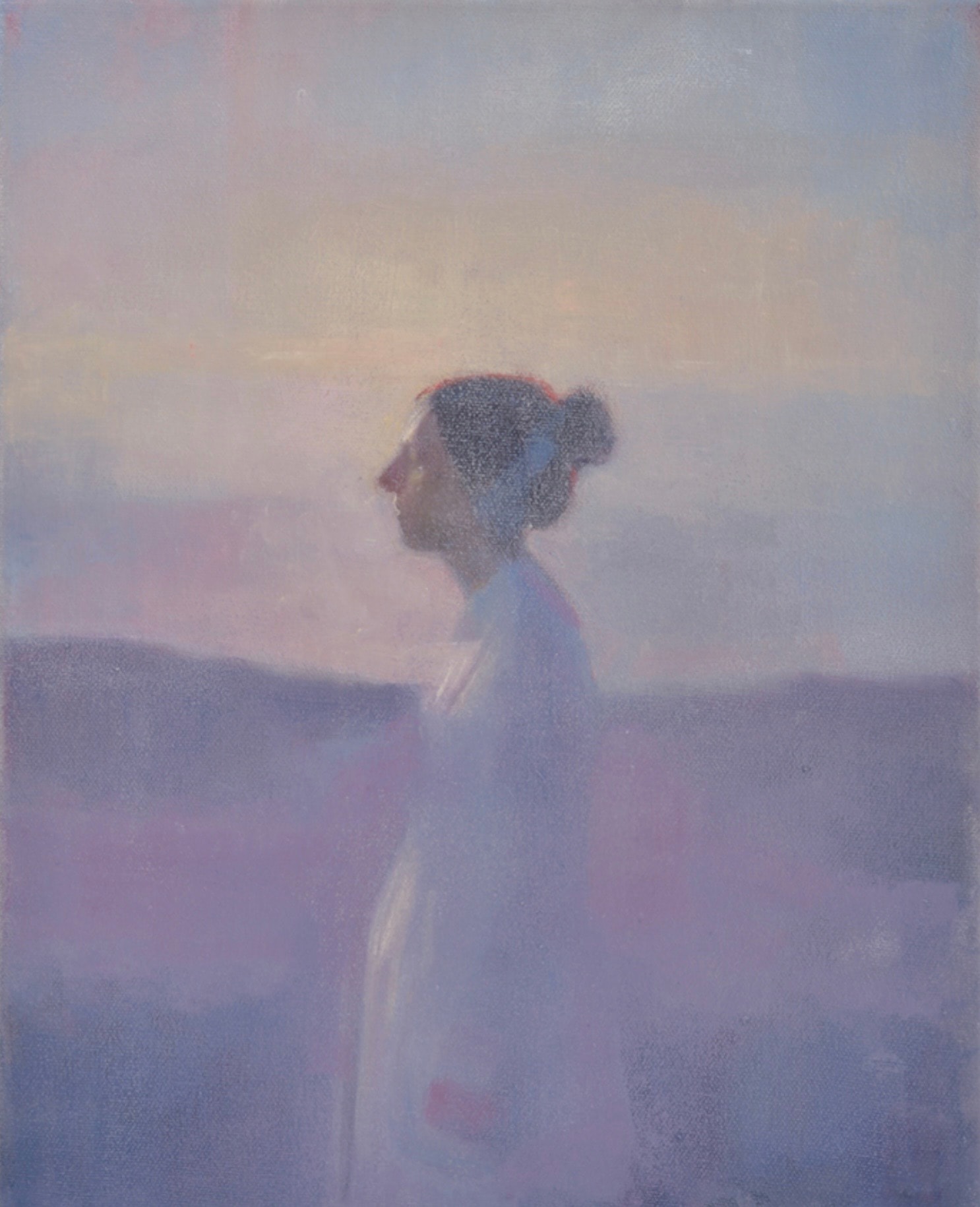 Portrait of woman in profile, misty landscape, oil on canvas