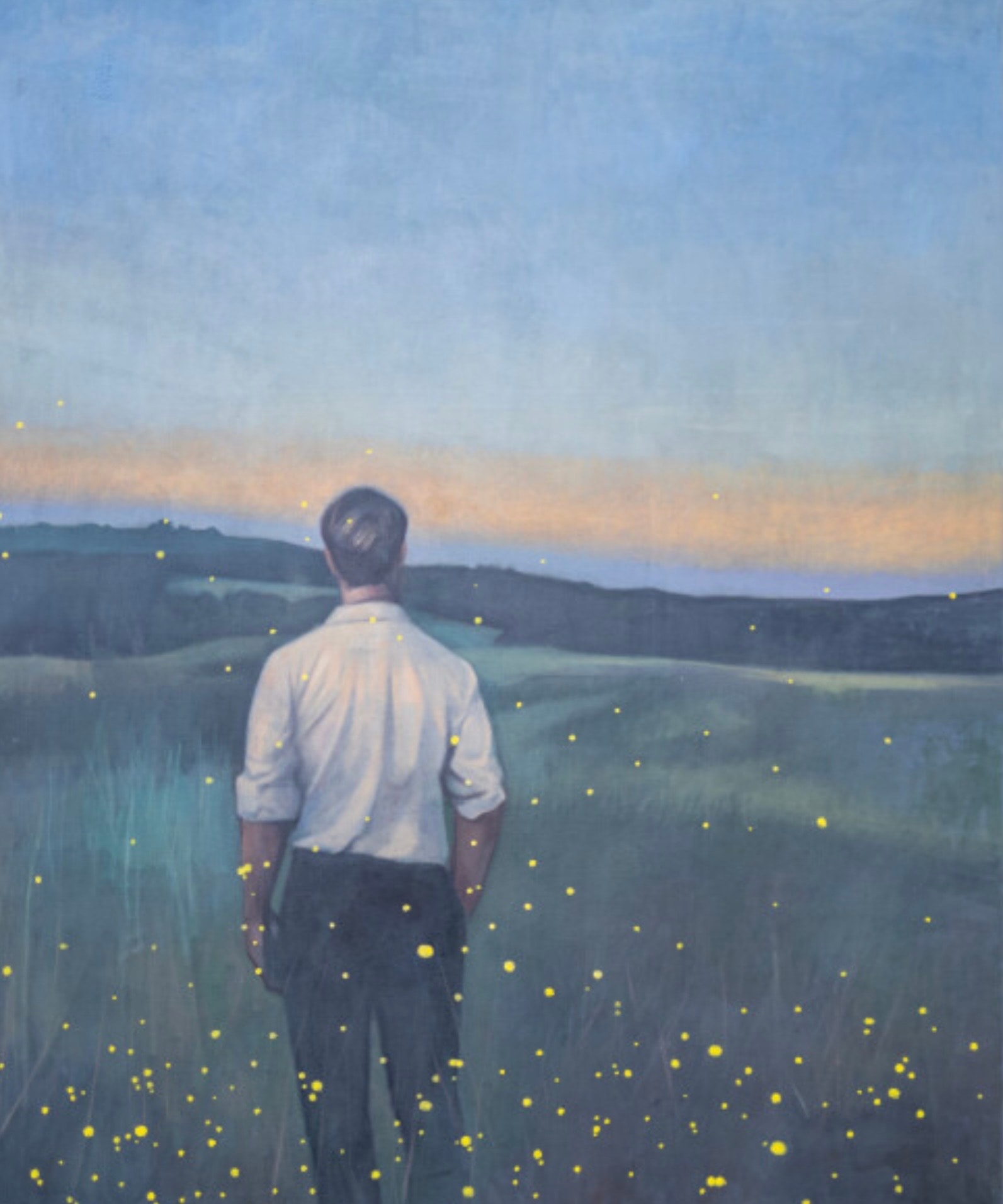 Figure standing in field of fireflies at dusk, oil on canvas