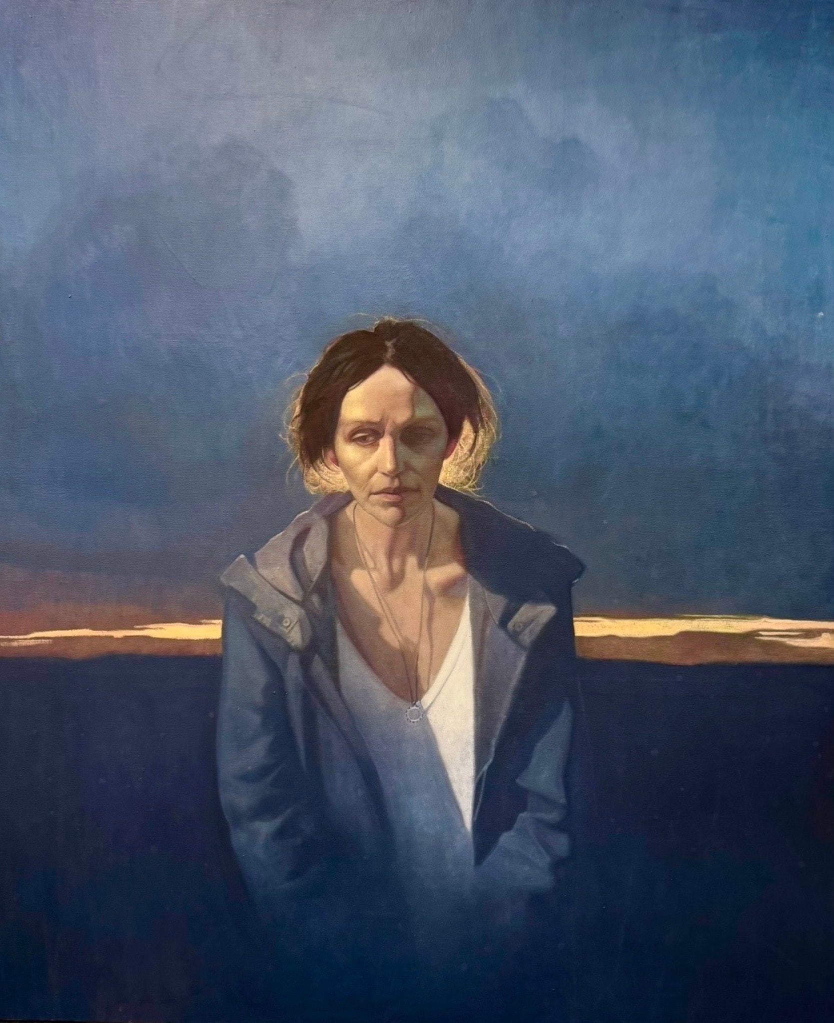 Portrait of woman against dusk landscape, oil on canvas