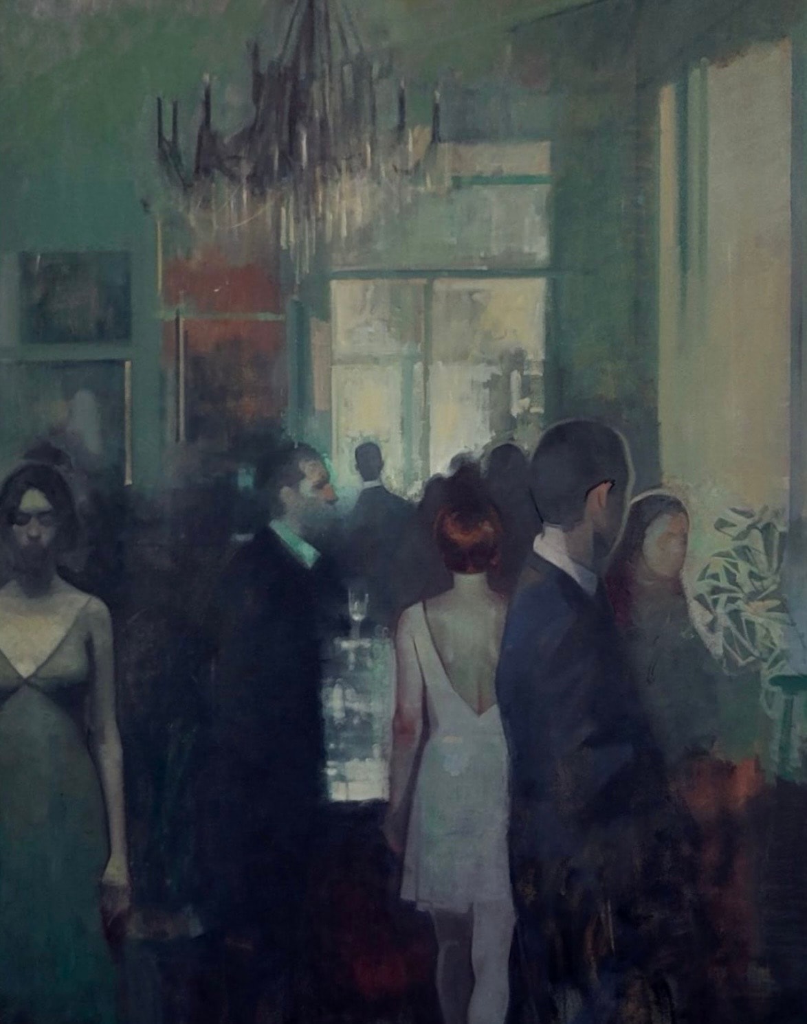 Figures — interior gathering, oil on canvas