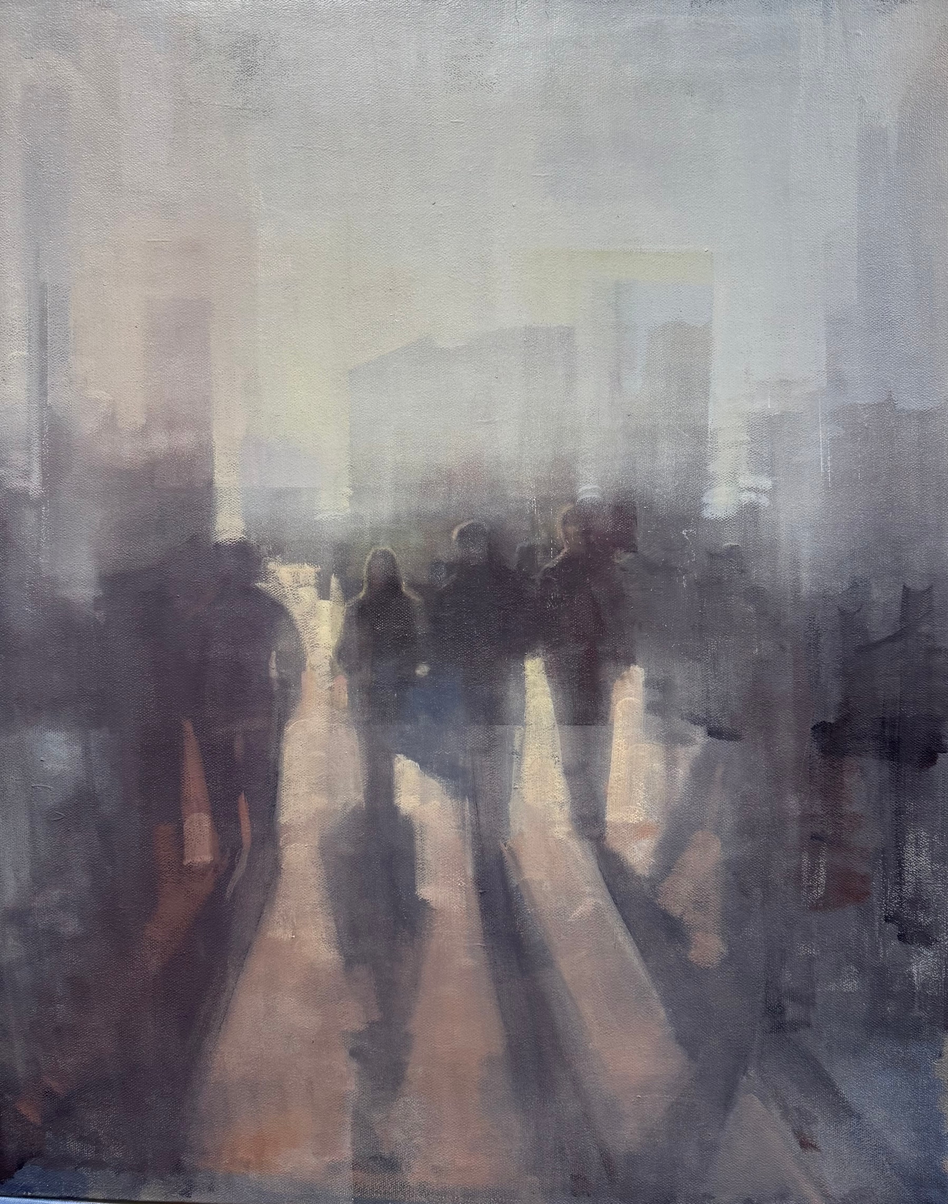Figures in misty urban street, oil on canvas