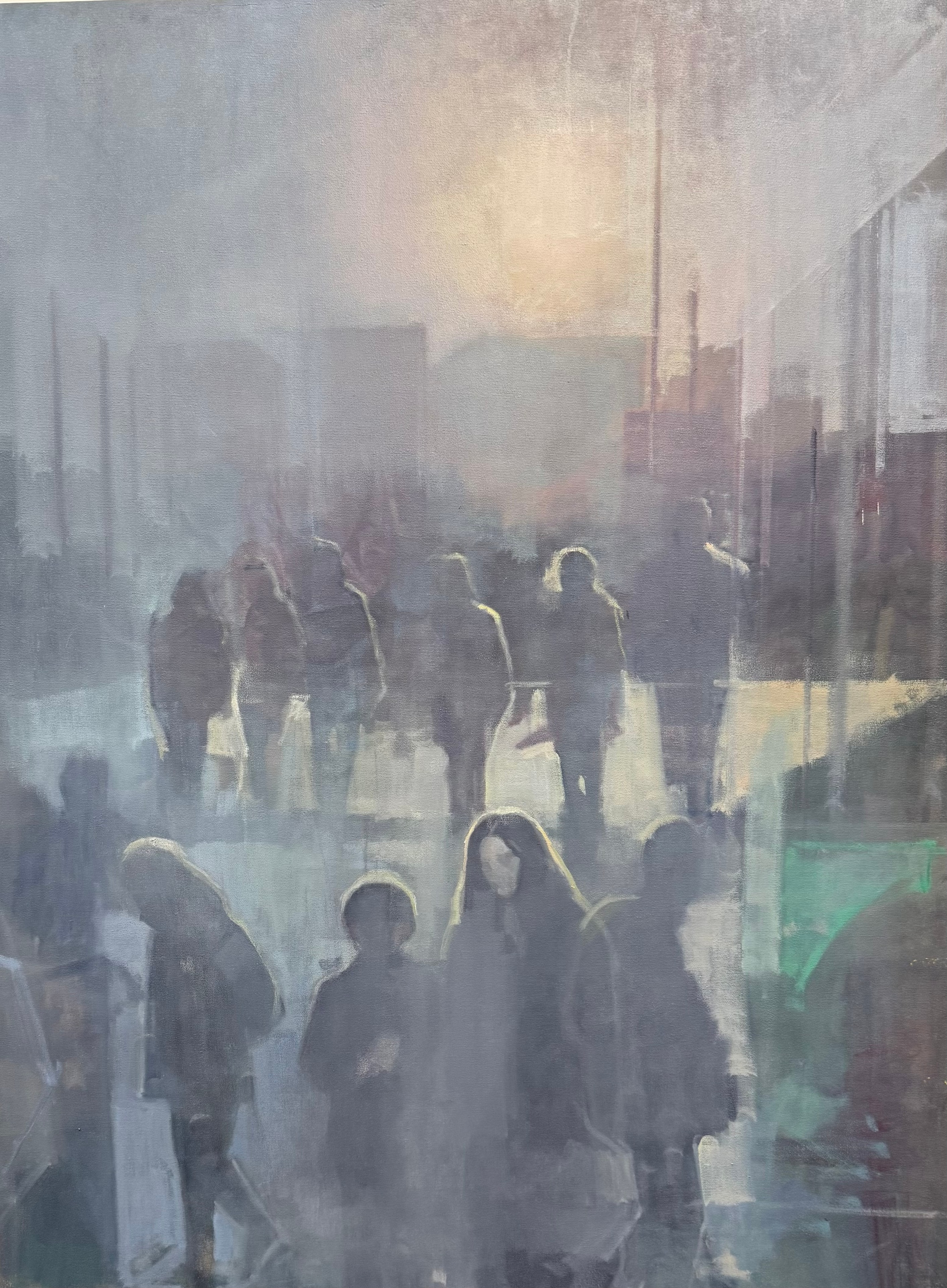Figures in misty city street, oil on canvas
