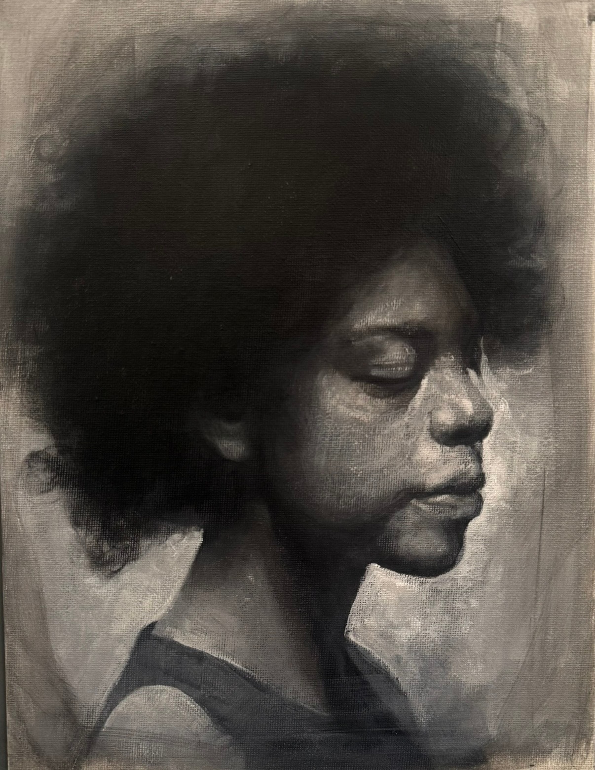 Portrait — profile with afro, grisaille