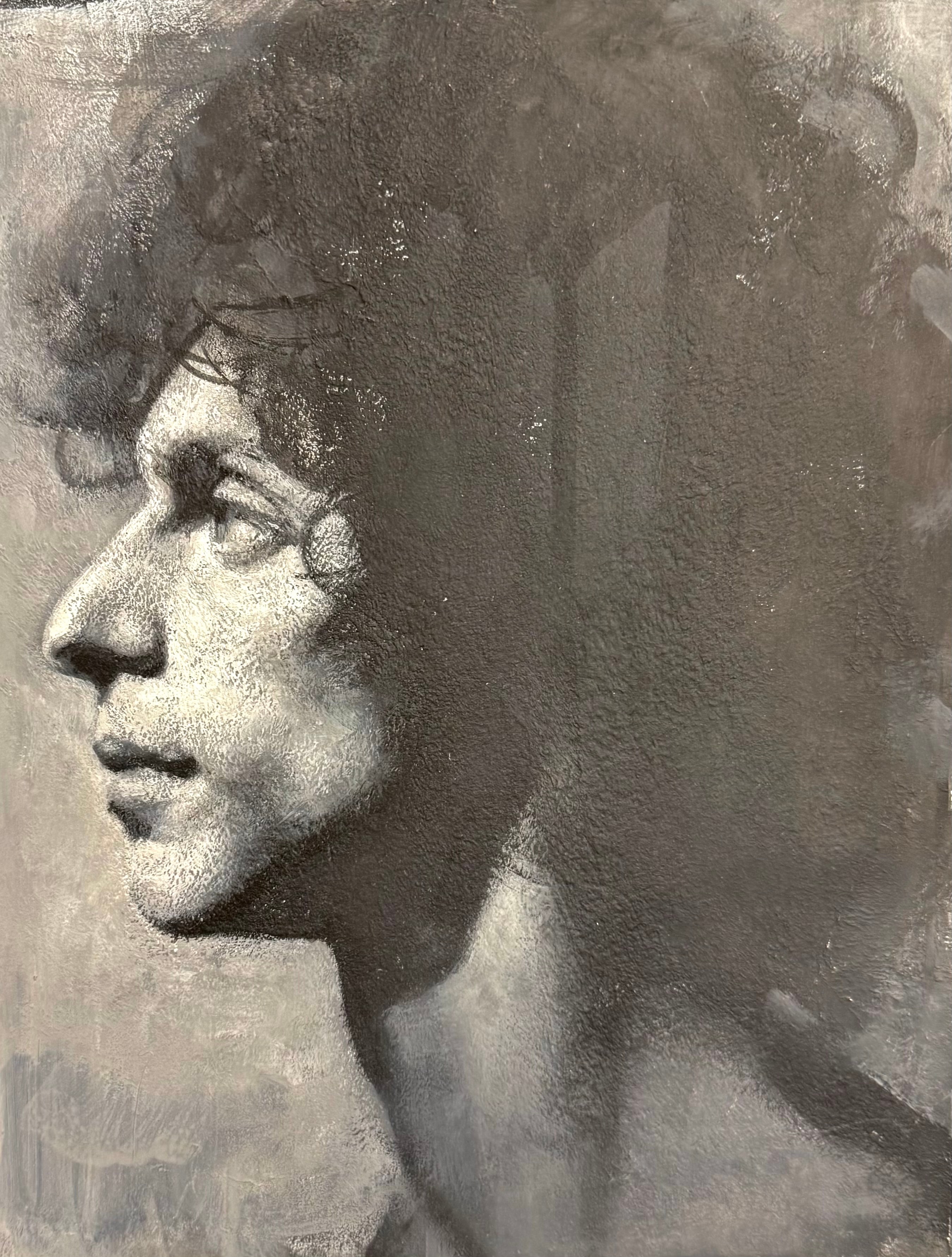 Portrait — afro, upward gaze, charcoal