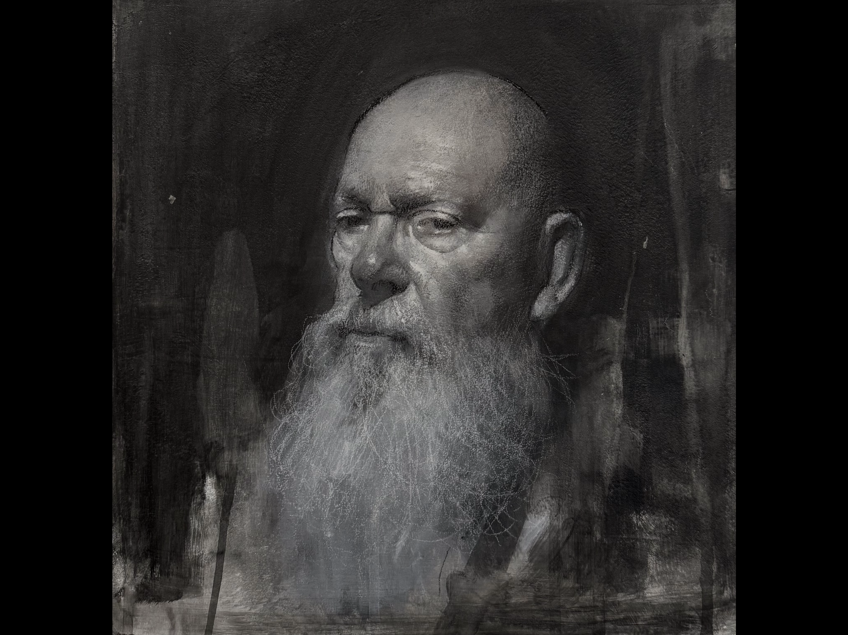 Portrait study — bearded elder, charcoal and chalk