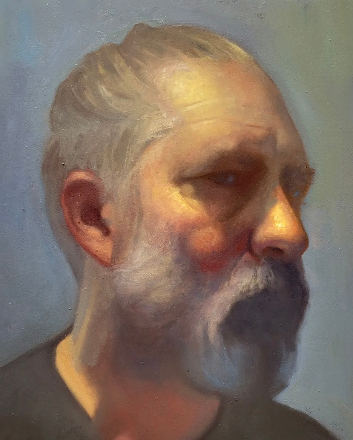 Portrait — elder man, sidelight, oil on canvas