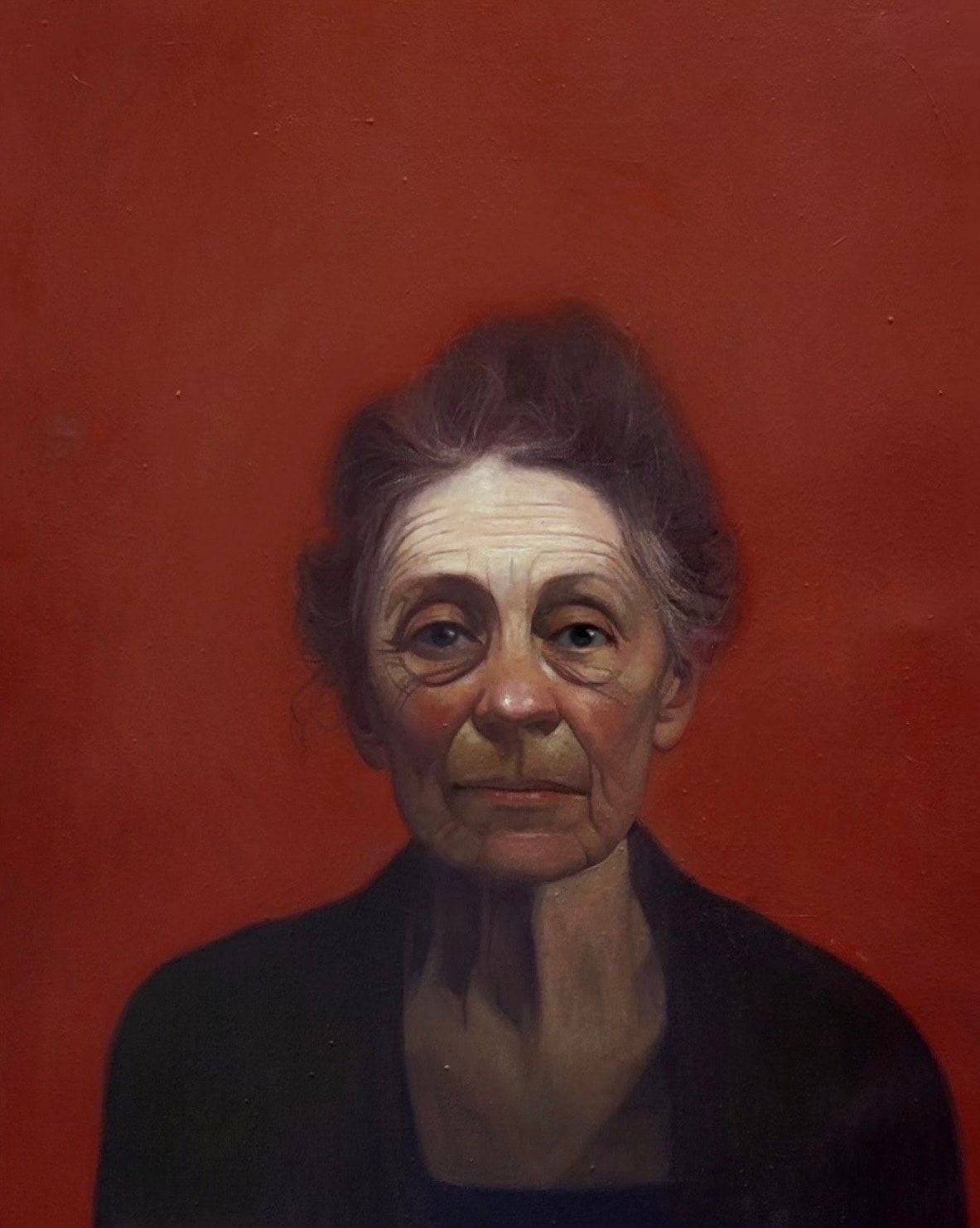 Portrait — elder woman, red ground, oil on canvas