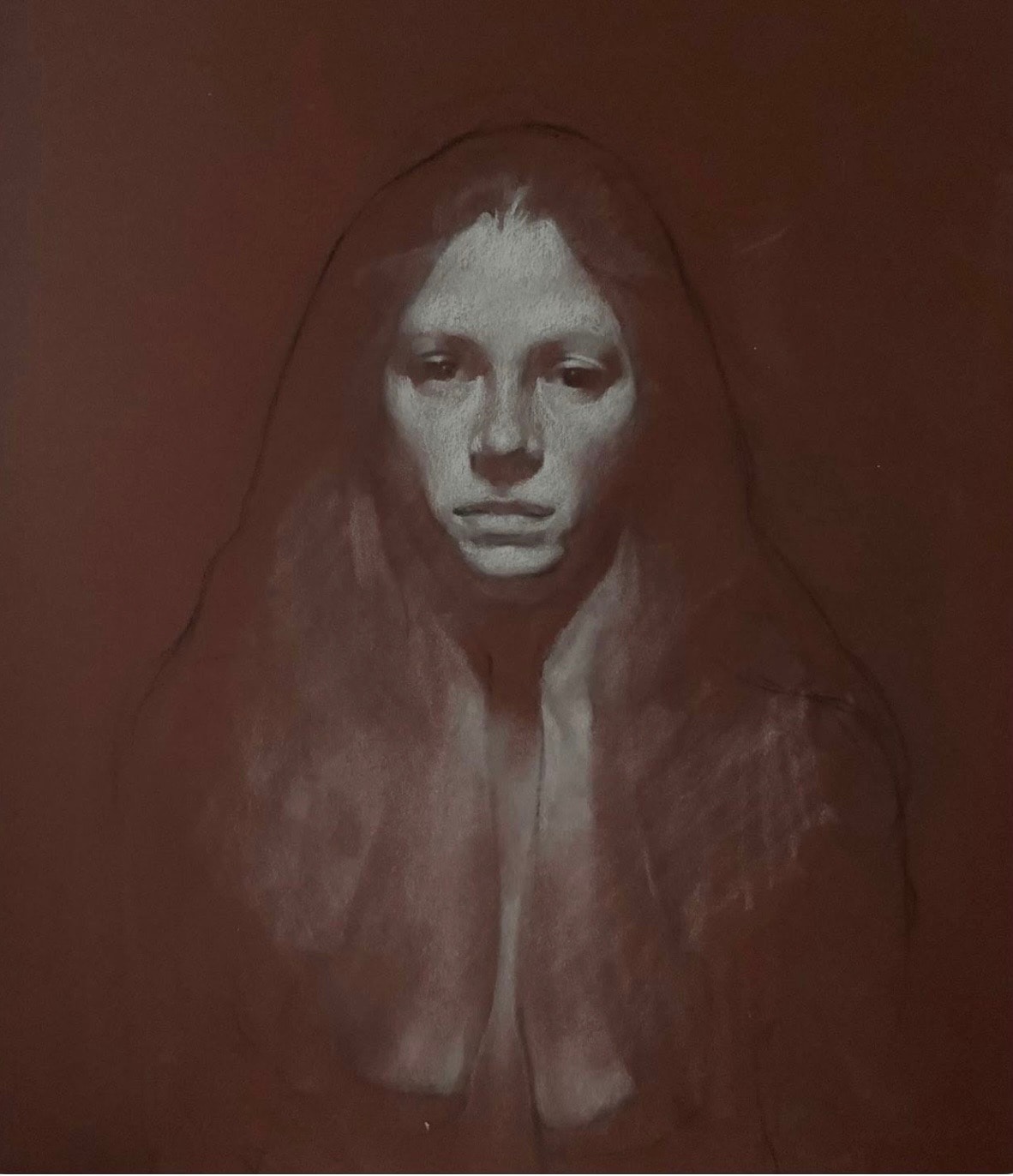 Portrait — veiled woman, chalk on toned paper