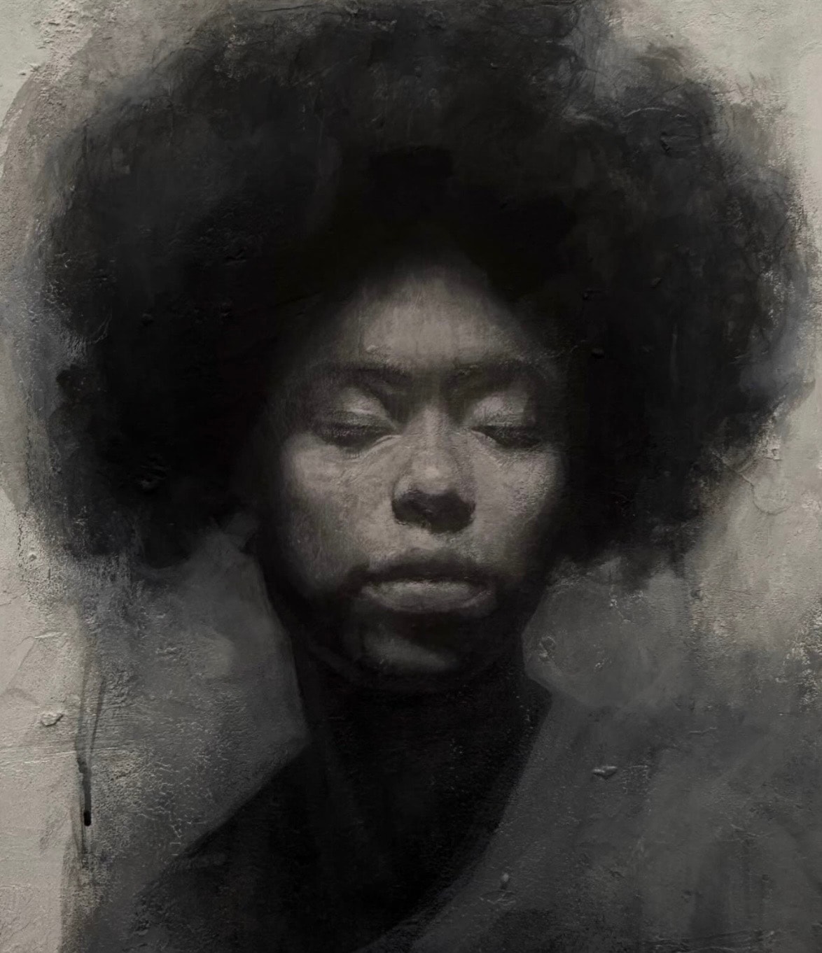 Portrait — woman with afro, grisaille oil