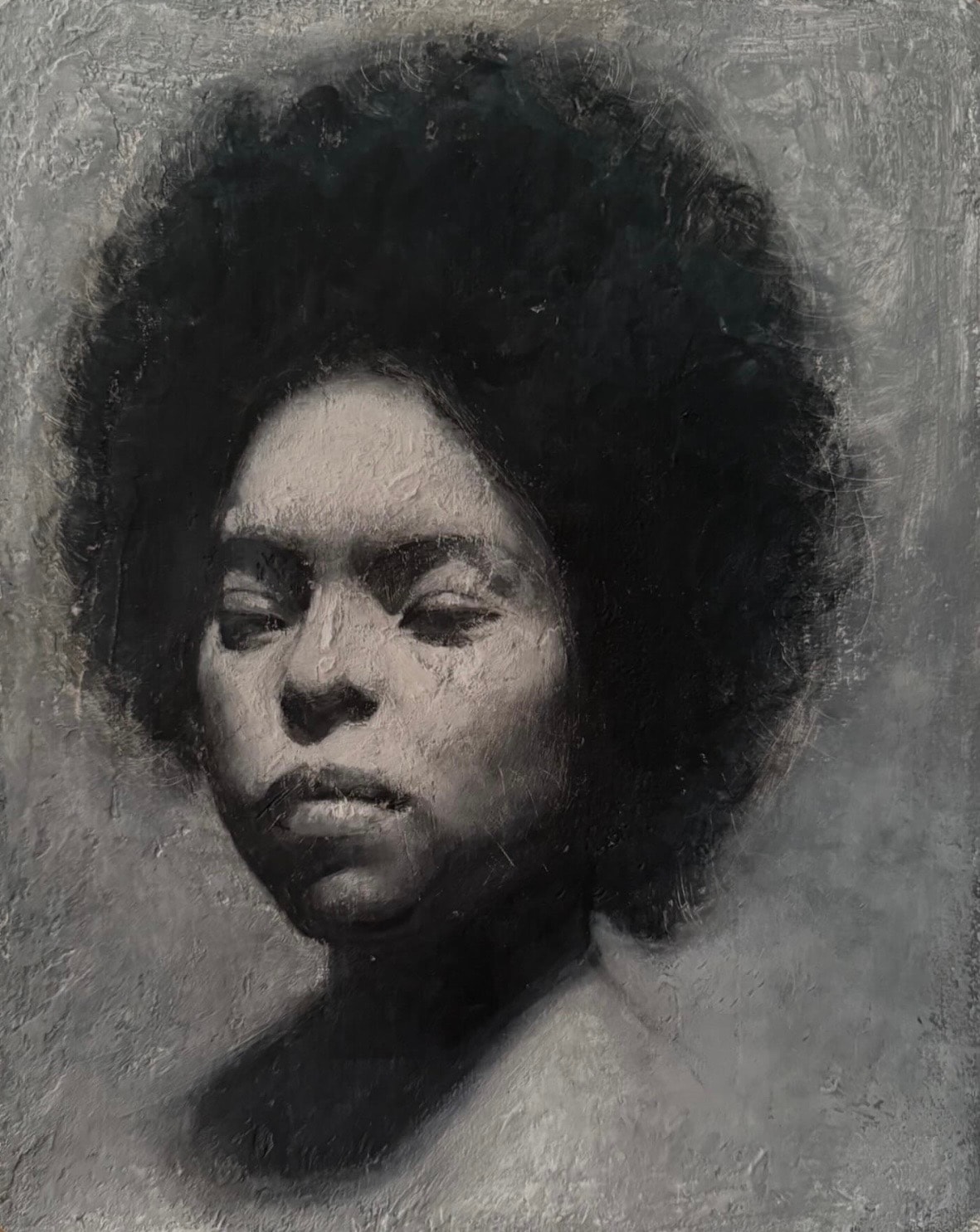 Portrait — woman with afro, grisaille oil on linen