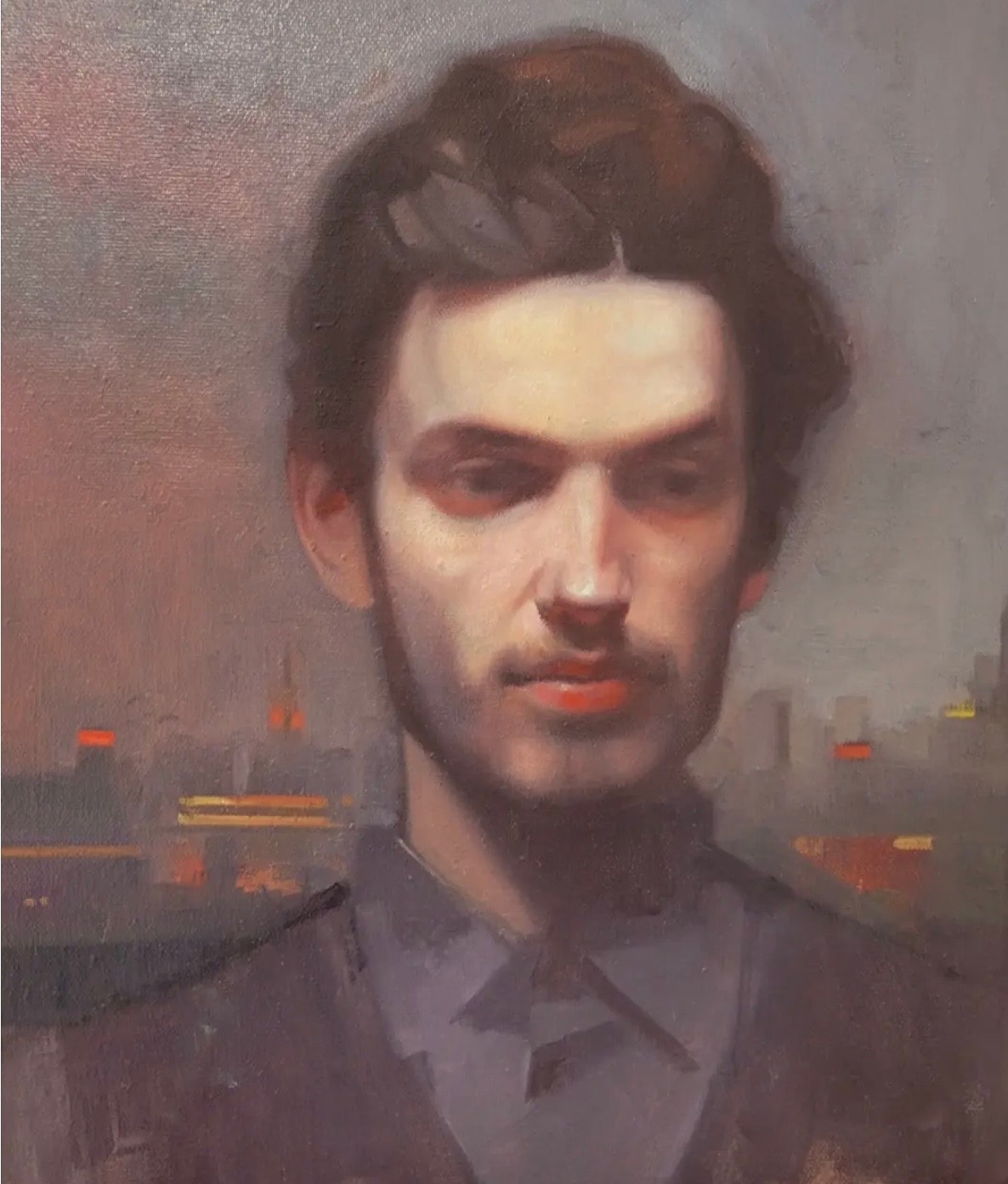 Portrait — young man, cityscape, oil on canvas