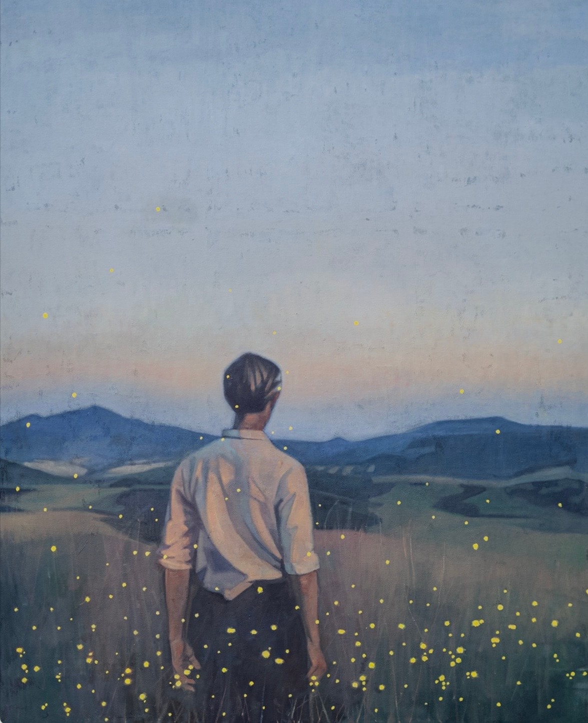 Figure standing in field of fireflies at dusk, mountains beyond, oil on canvas